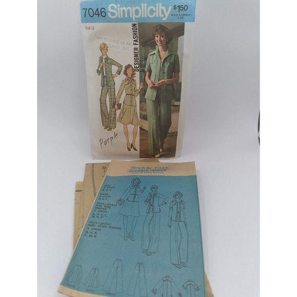 Simplicity Accessories - VTG 1975 SIMPLICITY Designer 7046 MS Shirt-Jacket Pants & Skirt PATTERN Size 12